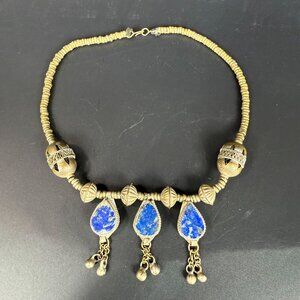 Vintage Kuchi Silver Tone Lapis Lazuli Teardrop Pendant Necklace